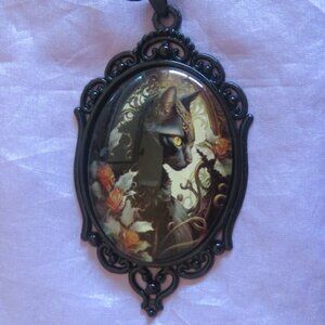Boho Gothic Black CAT Cabochon Necklace (F61)